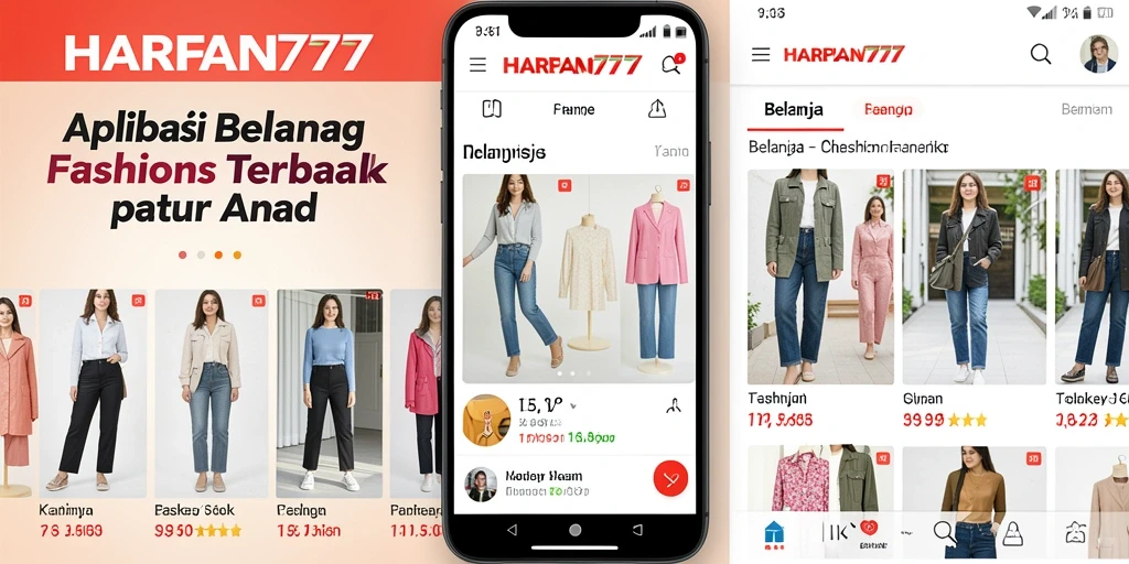 Tampilan antarmuka pengguna aplikasi HARAPAN777 dengan berbagai kategori fashion.