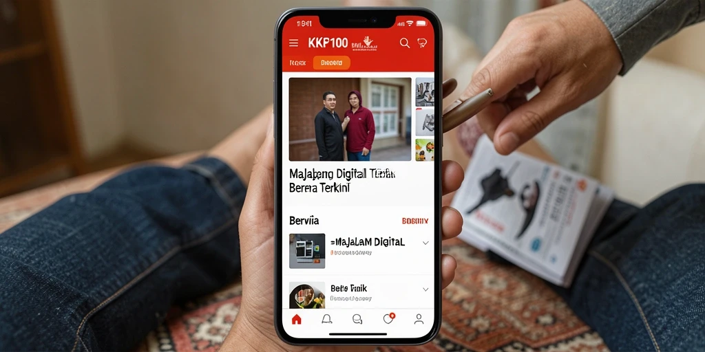 Antarmuka aplikasi KPK100 menampilkan berita terkini dengan desain yang menarik.