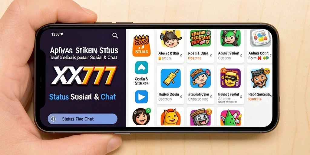Tampilan antarmuka aplikasi XXX777 dengan stiker dan status menarik.